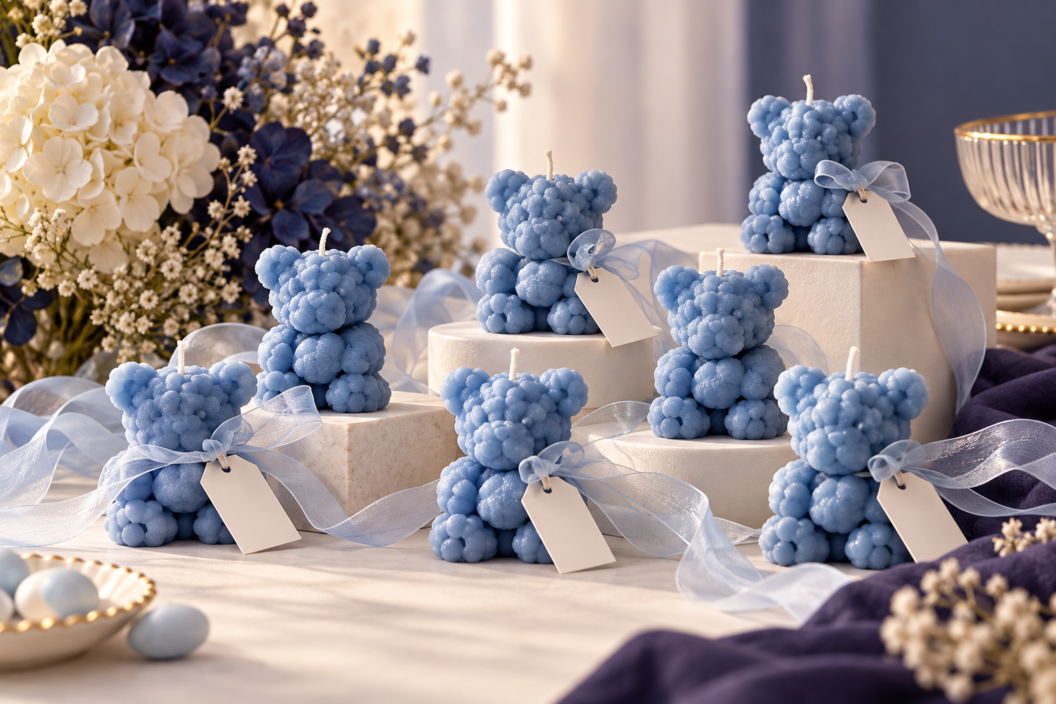 Powder blue teddy bear candle favors