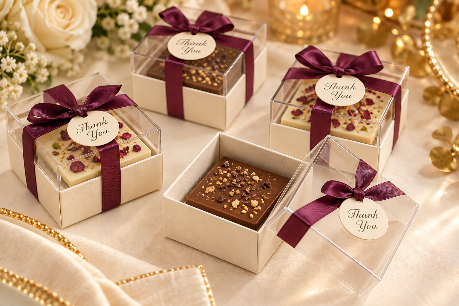 Single flat chocolate piece in each ribboned thank-you favor box, shown in white and milk chocolate