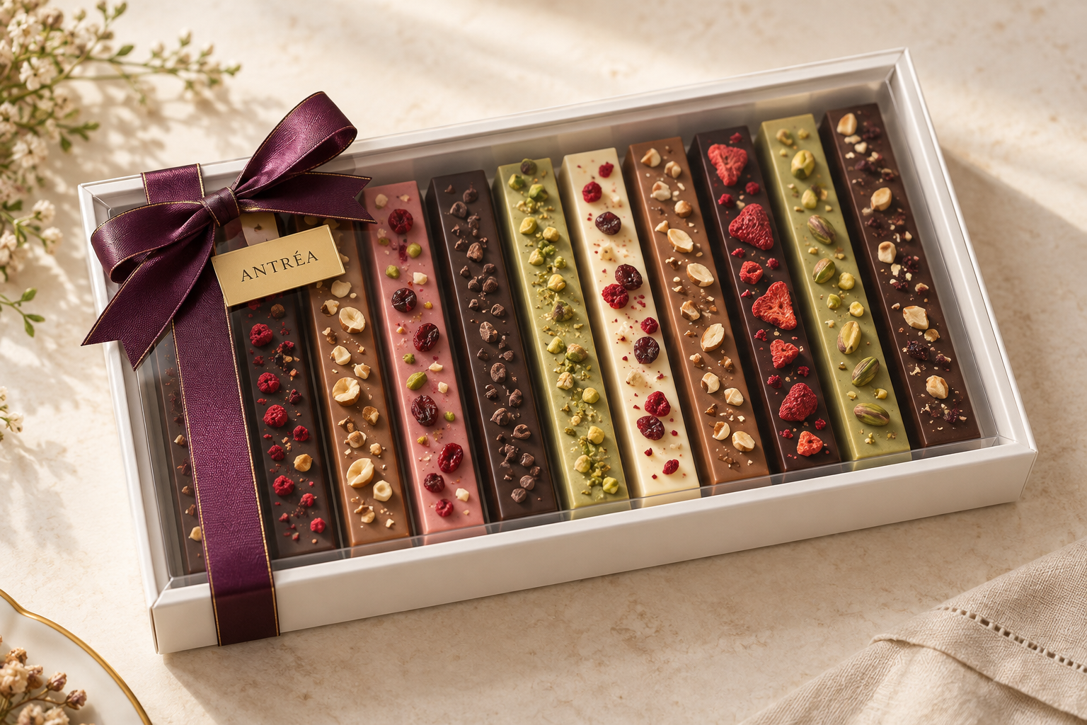 Antréa concept box of fruit and nut chocolates