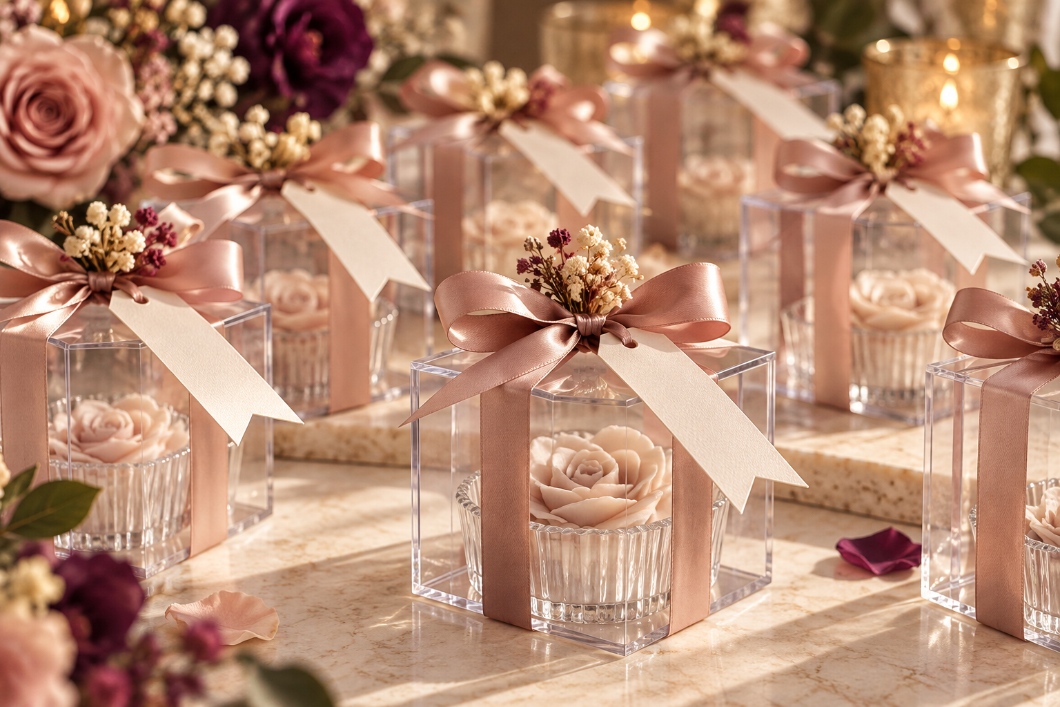 Clear boxed floral keepsakes with blush ribbons