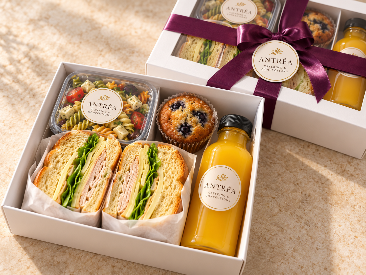Antréa gift lunch boxes with artisan sandwiches, pasta salad and optional extras