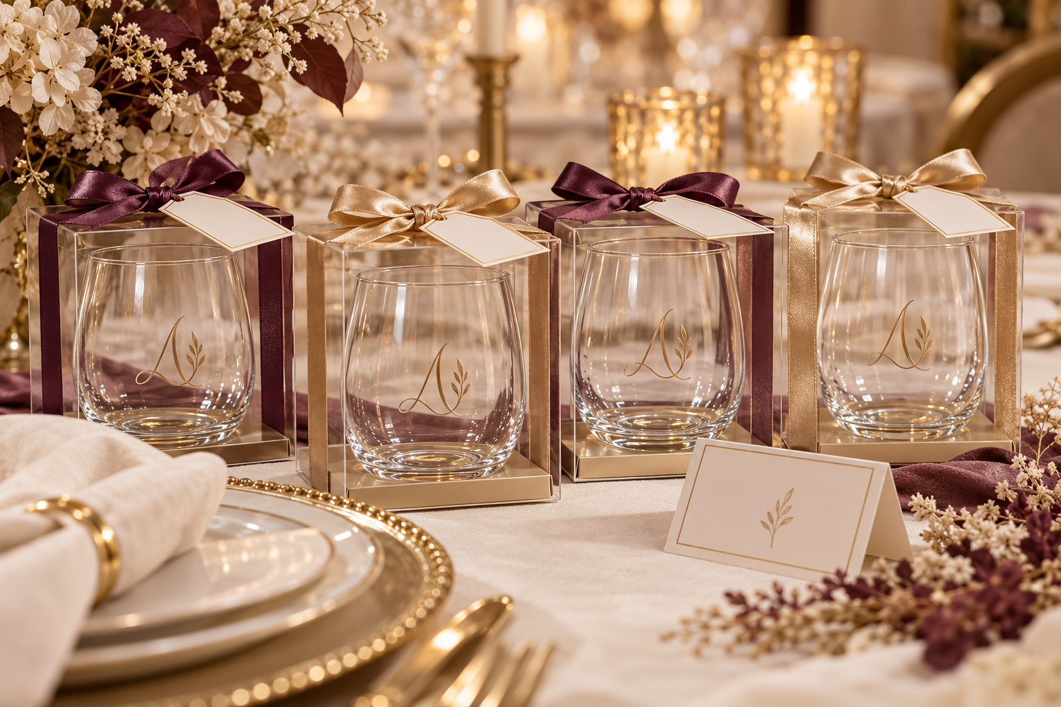 Boxed stemless wine glass favors with ribbons