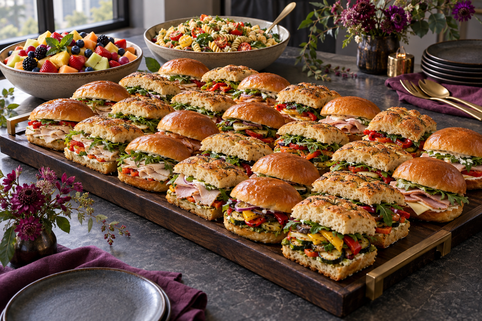 Antréa whole sandwich party tray with fruit bowl and pasta salad