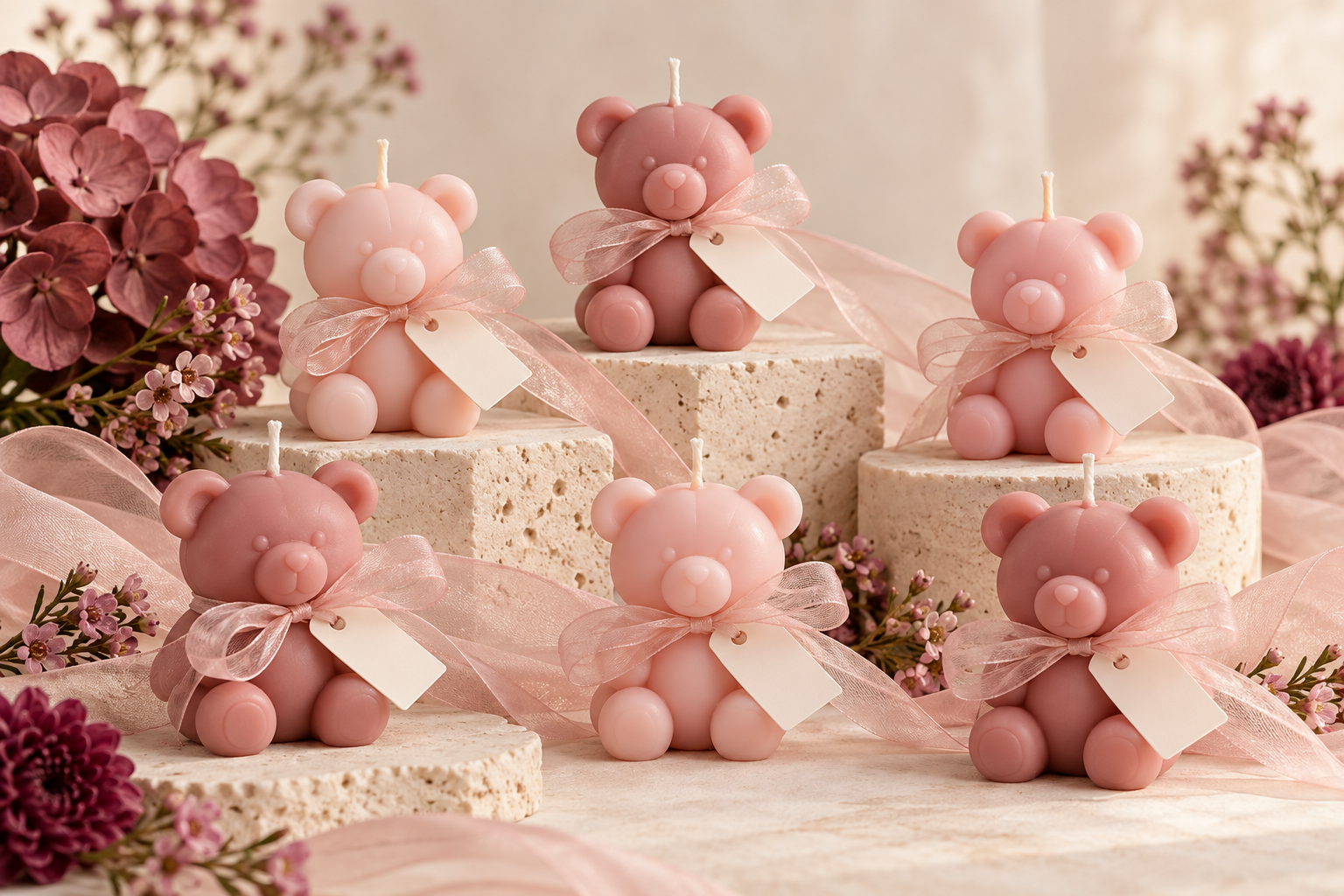 Pink teddy bear candle favors with ribbons